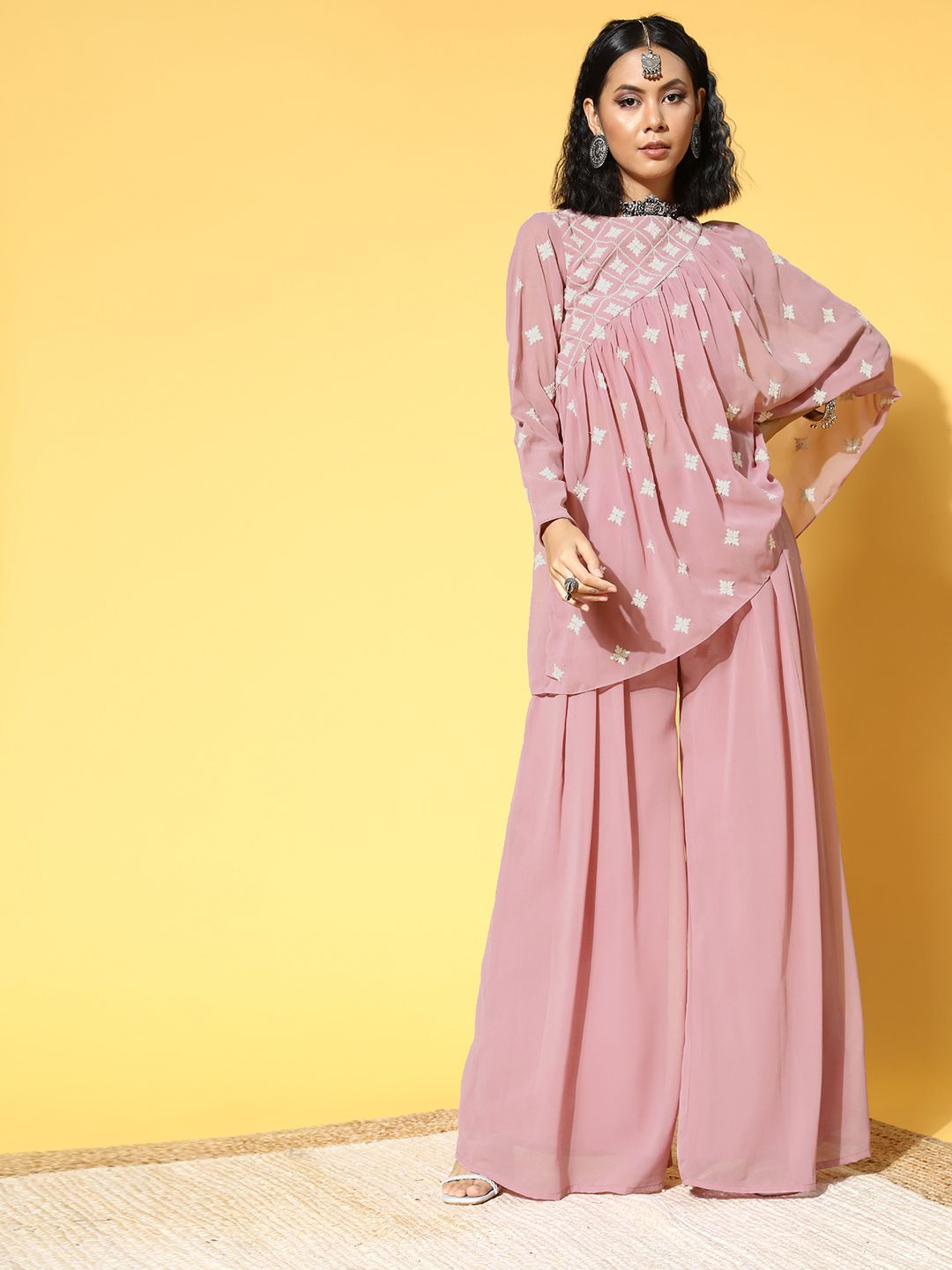Inddus Women Pretty Pink Printed Top With Solid Palazzos Price in India