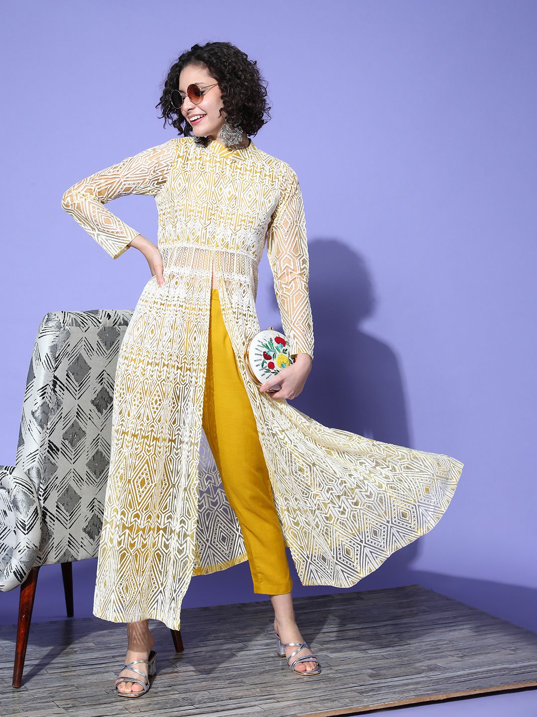 Inddus Women Yellow Embroidered High Slit Thread Work Kurta with Trousers Price in India