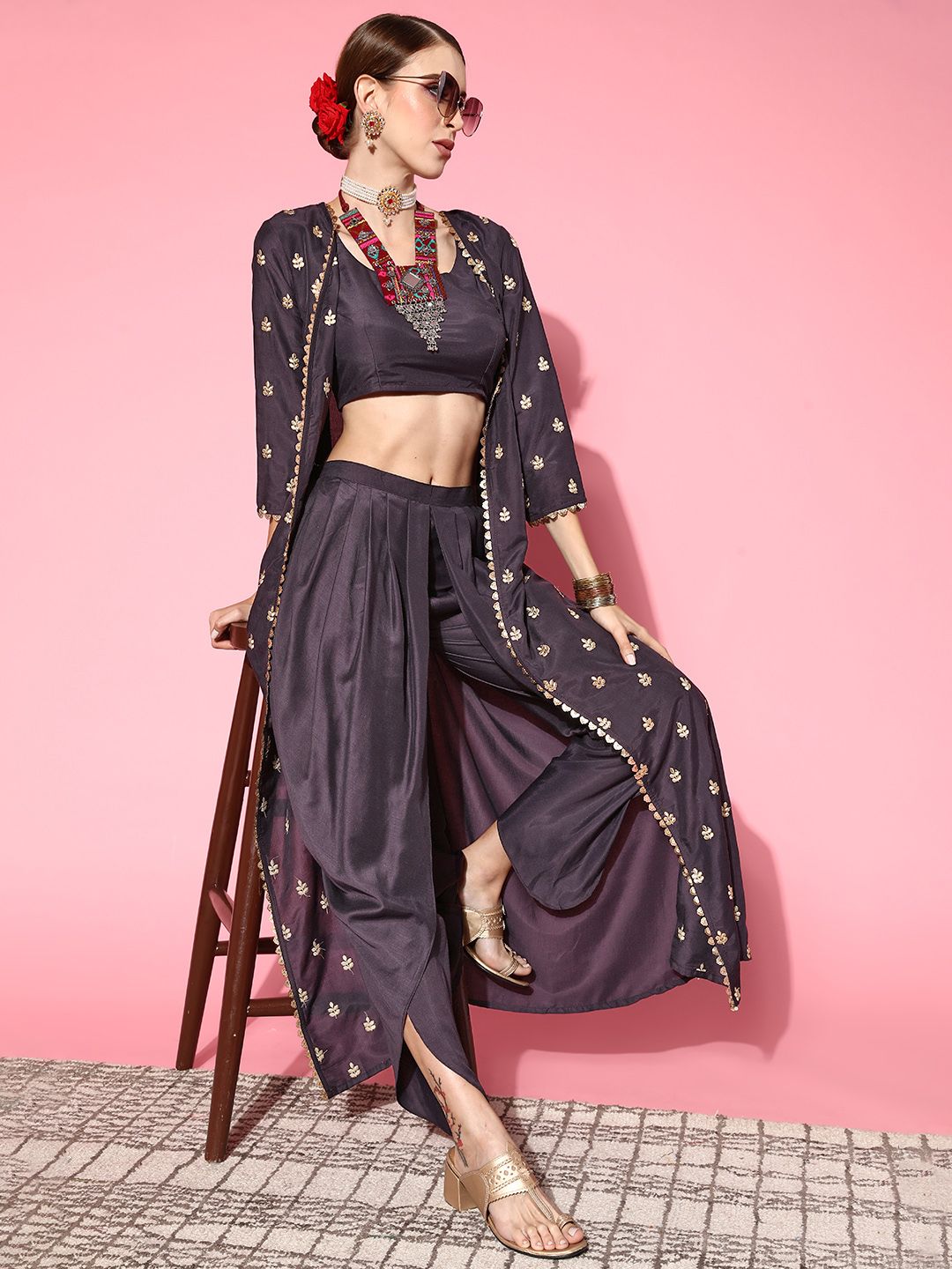 Inddus Women Purple Solid Top With Dhoti Pants Price in India