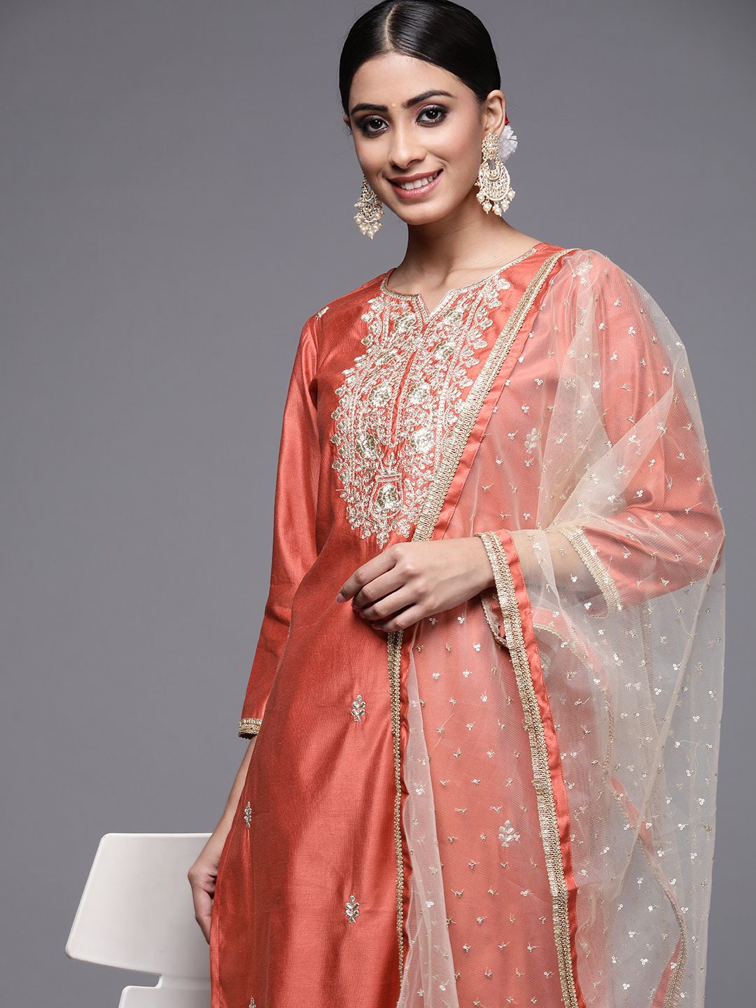 Indo Era Women Rust Orange Ethnic Yoke Design Liva Kurta with Palazzos & With Dupatta