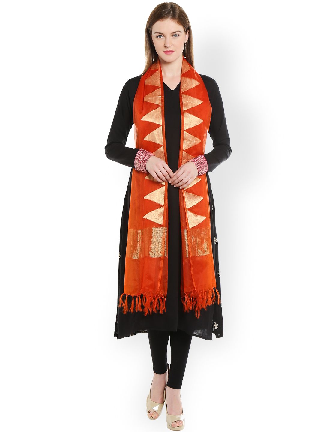 Dupatta Bazaar Orange & Gold-Toned Handwoven Dupatta Price in India