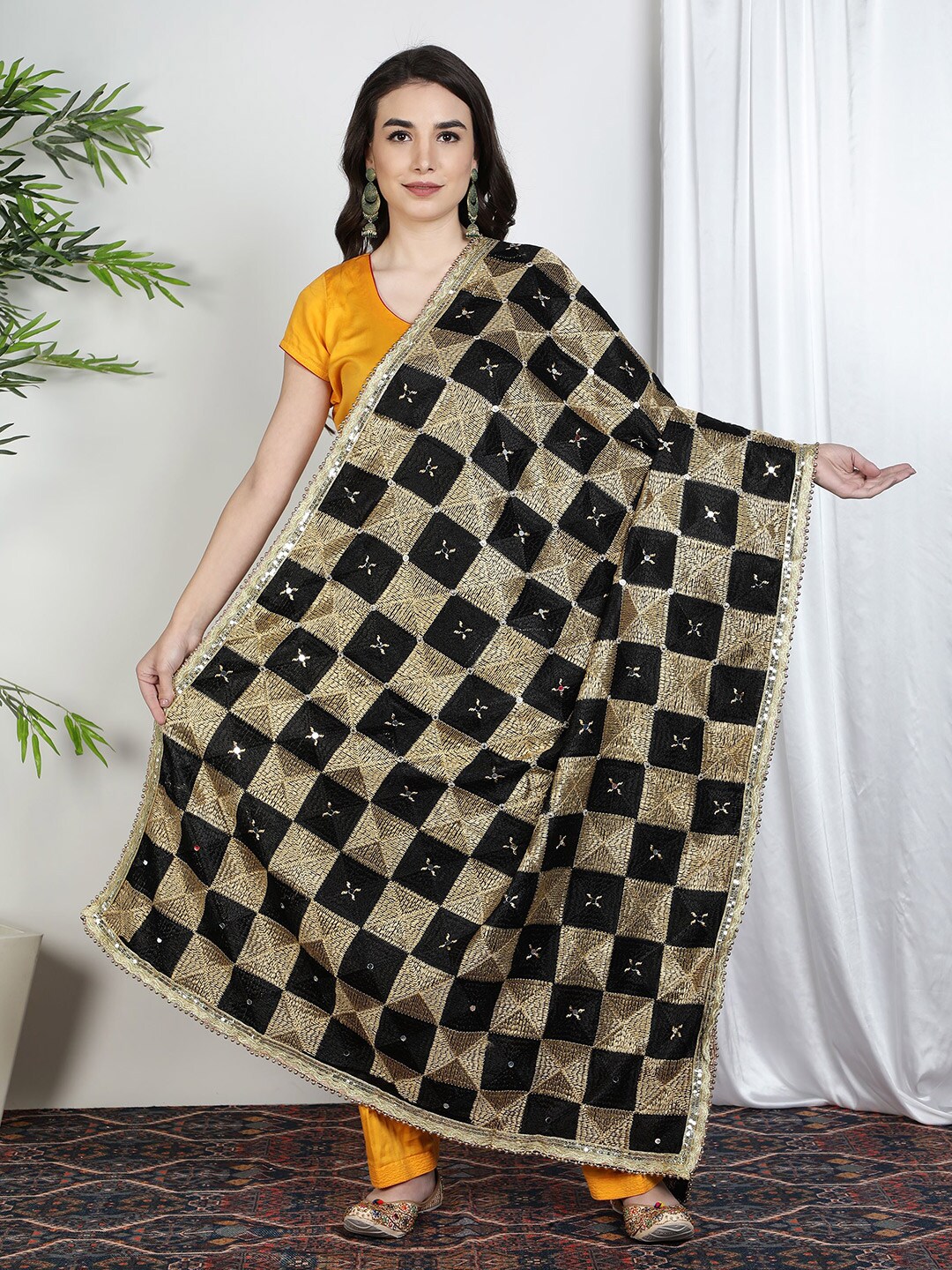 Moda Chales Black & Gold-Toned Embroidered Dupatta with Phulkari Price in India