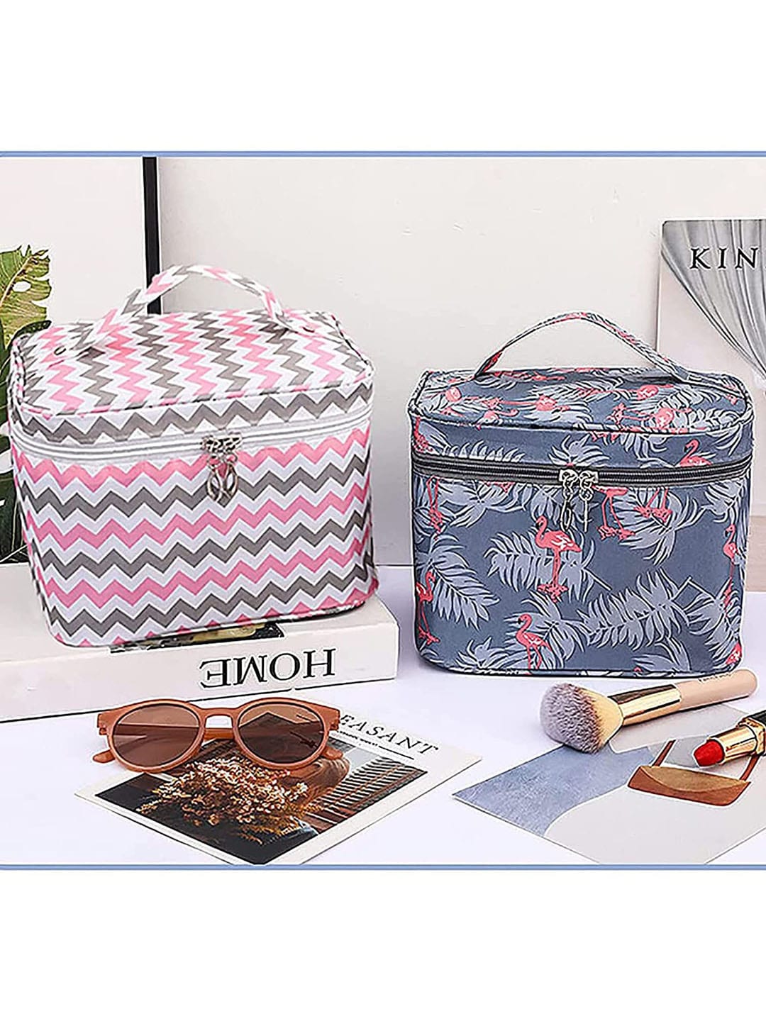 HOUSE OF QUIRK Women Pink & Grey Striped  Toiletry Portable Makeup Bag Price in India