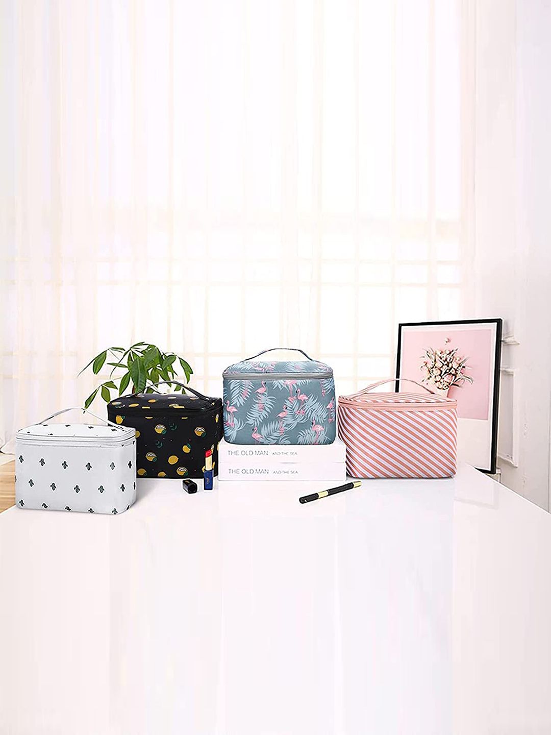 HOUSE OF QUIRK Women Black & Yellow Printed Travel Toiletry Portable Makeup Bags Price in India