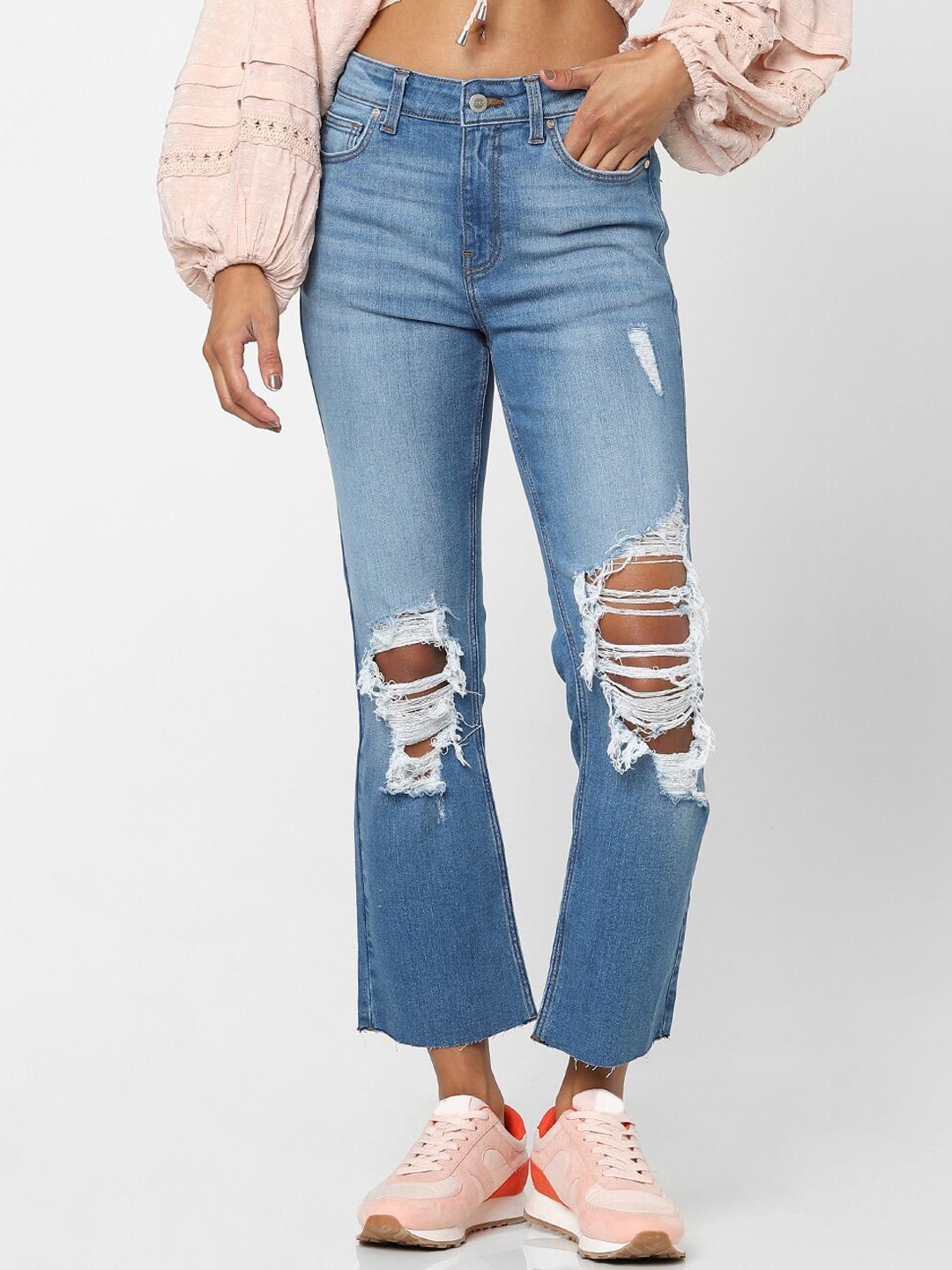 ONLY Women Blue Flared High-Rise Highly Distressed Heavy Fade Jeans Price in India