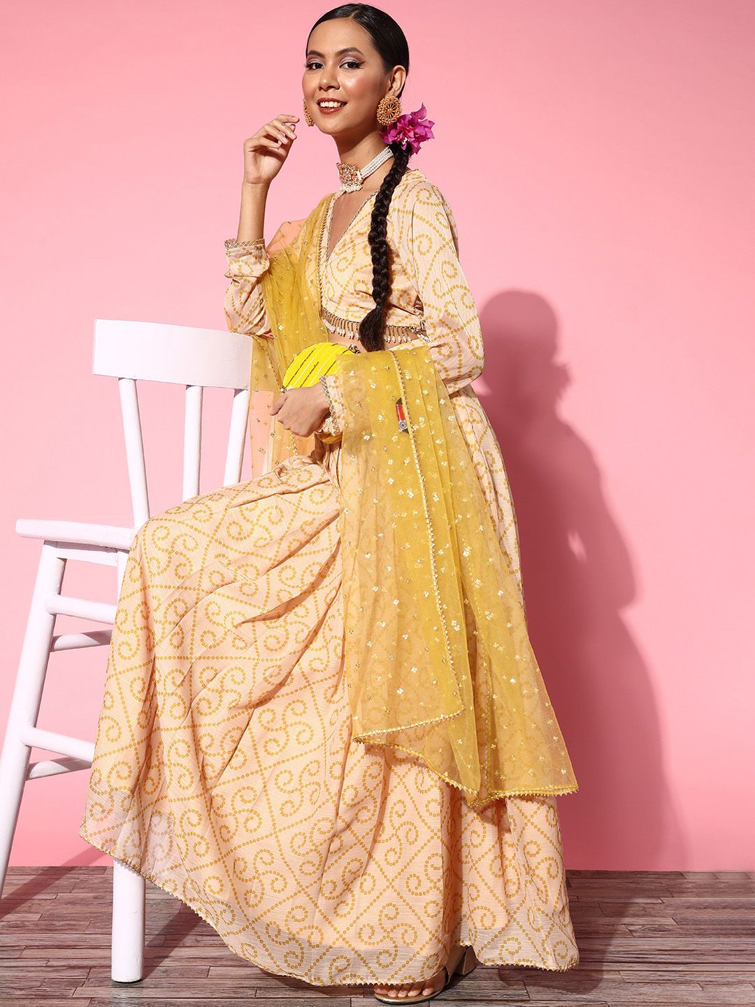 Inddus Bright Yellow Printed Semi-stitched Lehenga Choli With Dupatta Price in India