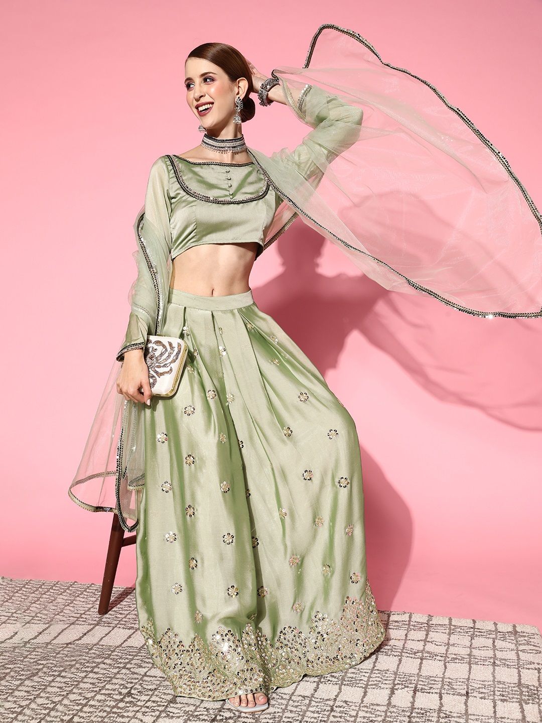 Inddus Stylish Green Embroidered Semi-stitched Lehenga Choli With Dupatta Price in India