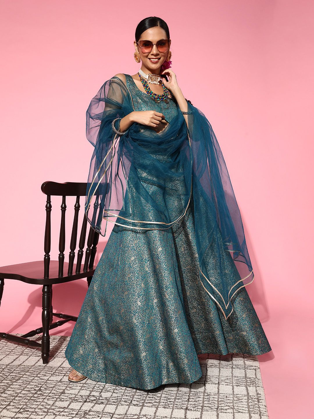 Inddus Beautiful Teal Woven Design Semi-stitched Lehenga Choli With Dupatta Price in India