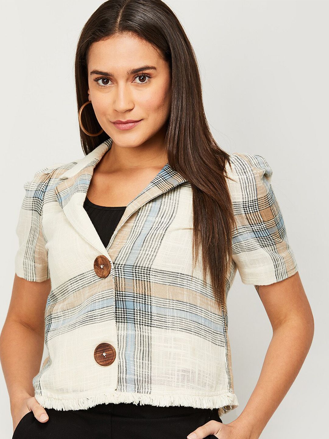 CODE by Lifestyle Women Beige & Brown Checked Crop Cotton Button Shrug Price in India