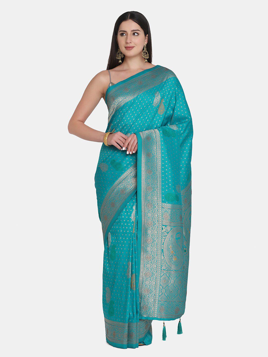 BOMBAY SELECTIONS Green & Silver-Toned Ethnic Motifs Banarasi Saree Price in India