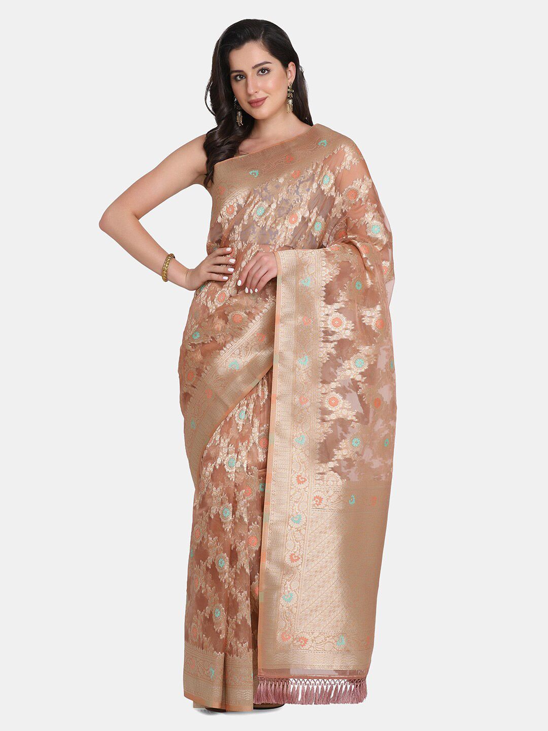 BOMBAY SELECTIONS Peach-Coloured & Gold-Toned Woven Design Zari Organza Banarasi Saree Price in India