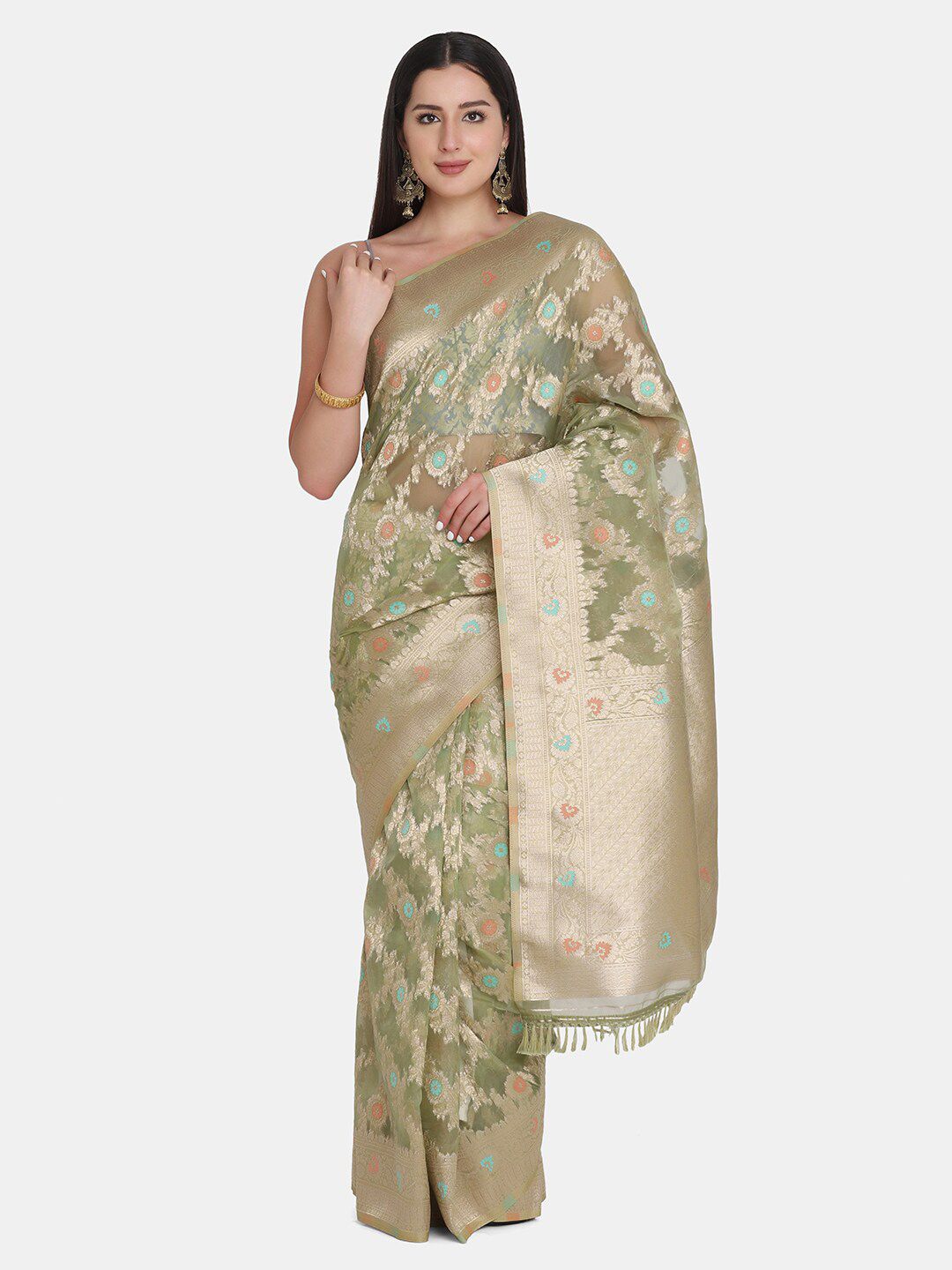 BOMBAY SELECTIONS Green & Gold-Toned Woven Design Zari Organza Saree Price in India