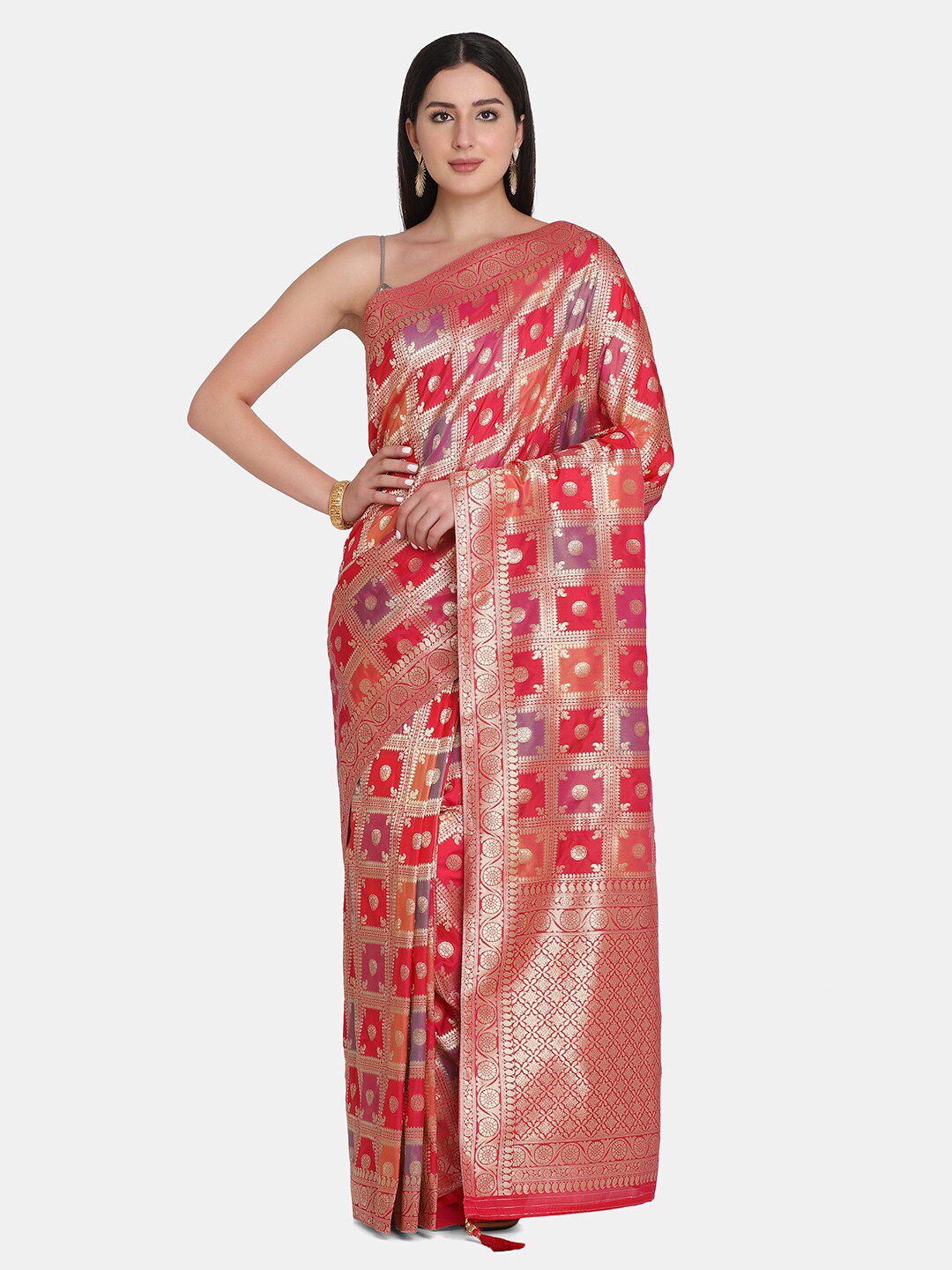 BOMBAY SELECTIONS Pink & Silver-Toned Ethnic Motifs Zari Pure Silk Banarasi Saree Price in India