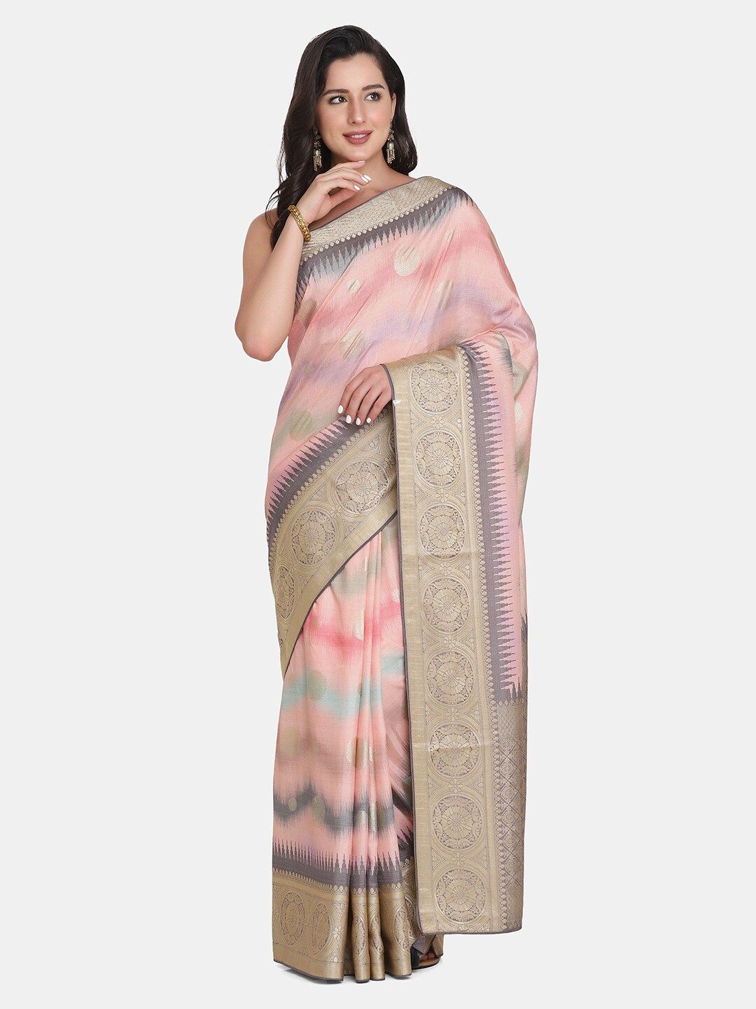 BOMBAY SELECTIONS Grey & Pink Woven Design Silk Blend Tussar Saree Price in India