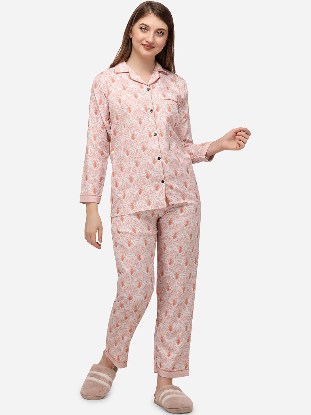 House of JAMMIES Women Peach-Coloured & White Printed Night suit Price in India