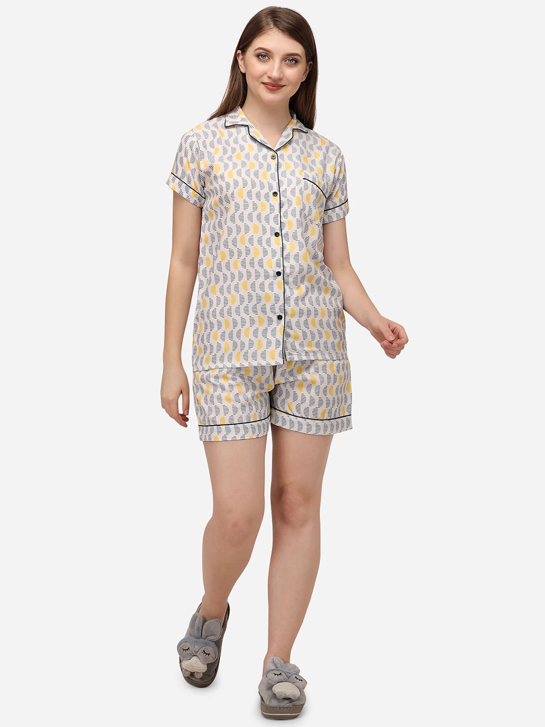 House of JAMMIES Women Blue & Yellow Printed Night suit Price in India
