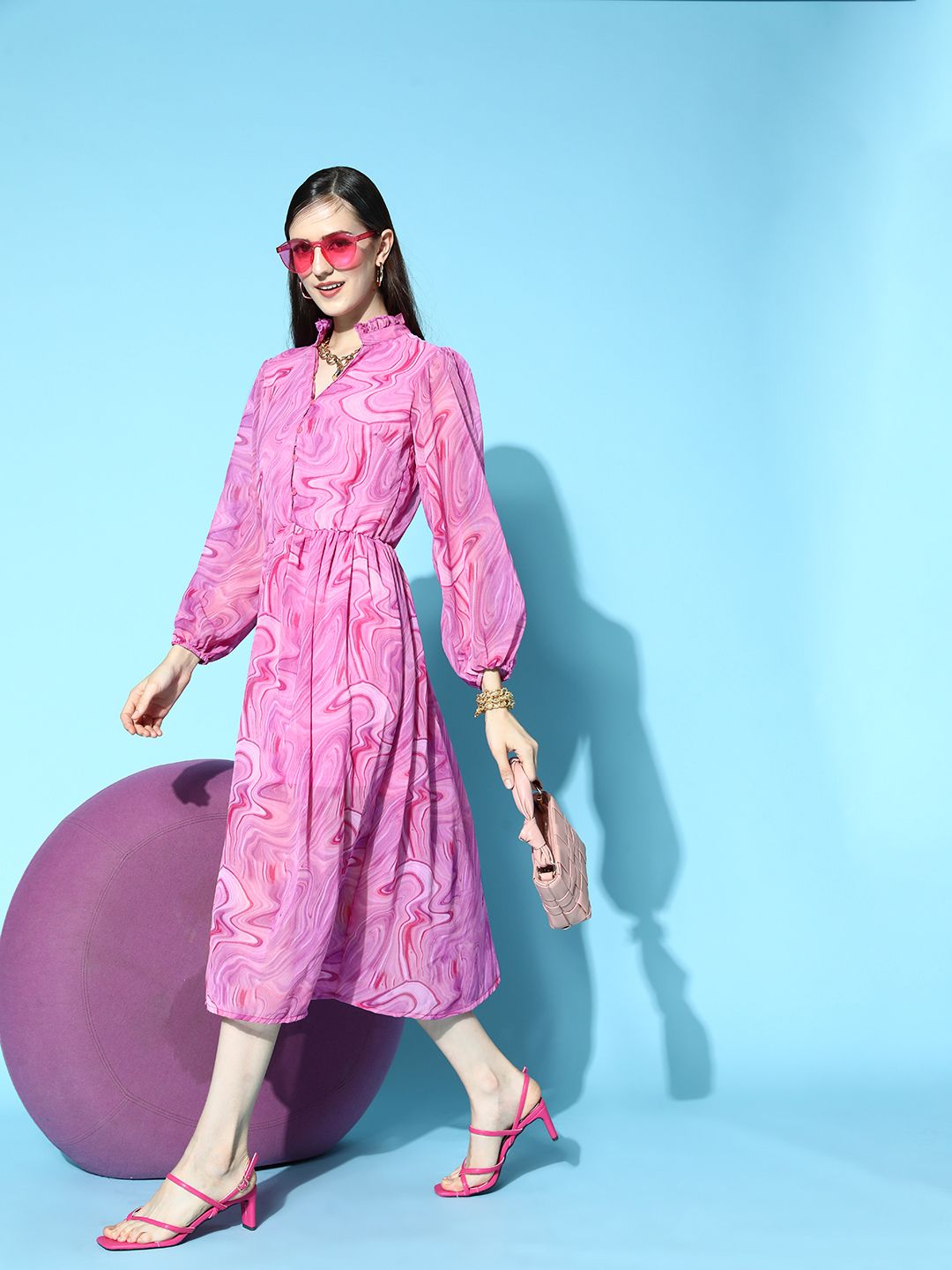 plusS Women Pretty Pink Abstract Digital Warping Dress Price in India