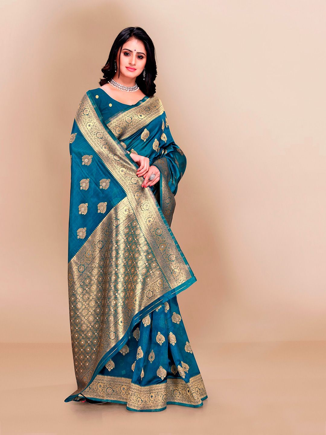 VAIRAGEE Blue & Gold-Toned Ethnic Motifs Banarasi Saree Price in India