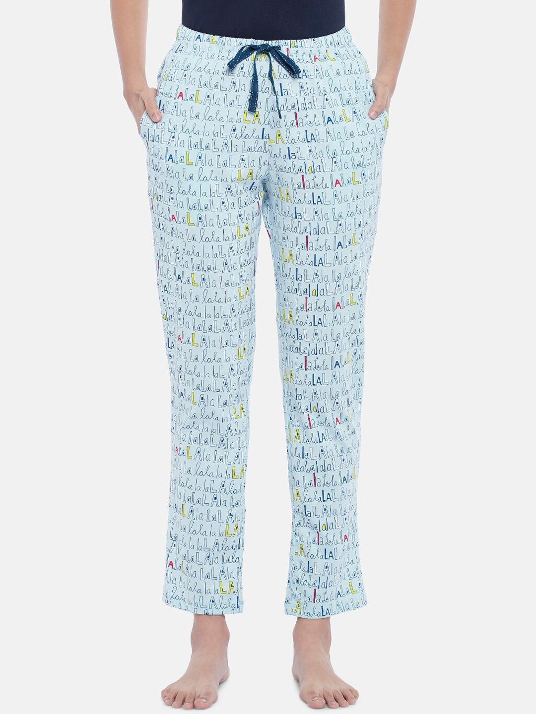 Dreamz by Pantaloons Women Off-White & Blue Printed Cotton Lounge Pants Price in India