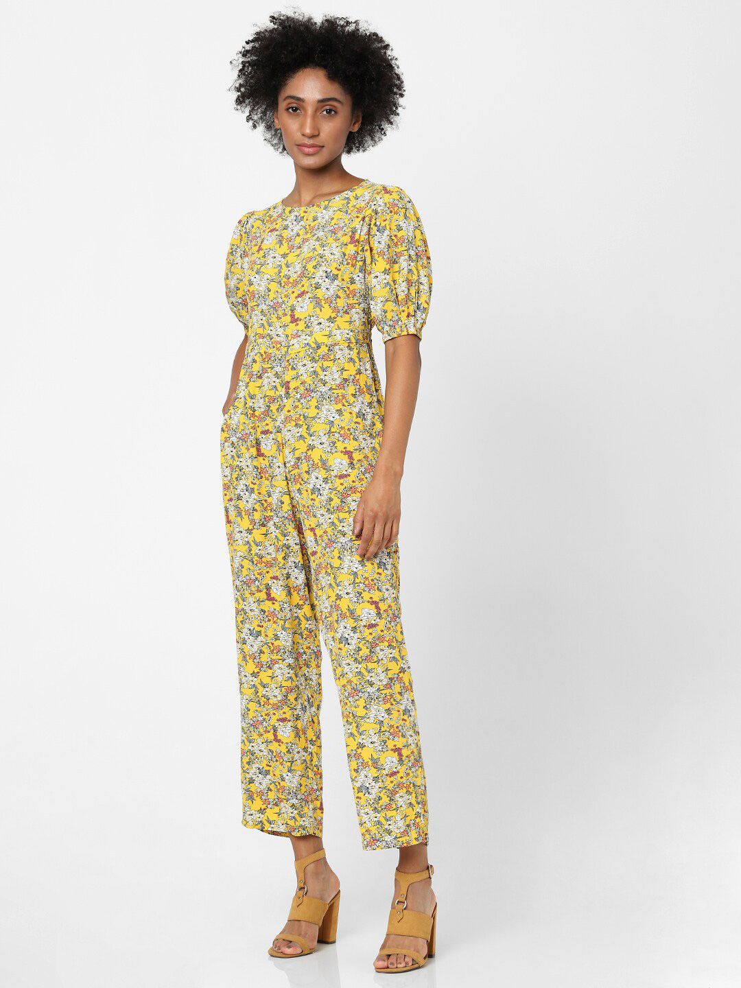 ONLY Women Yellow & White Printed Basic Jumpsuit Price in India