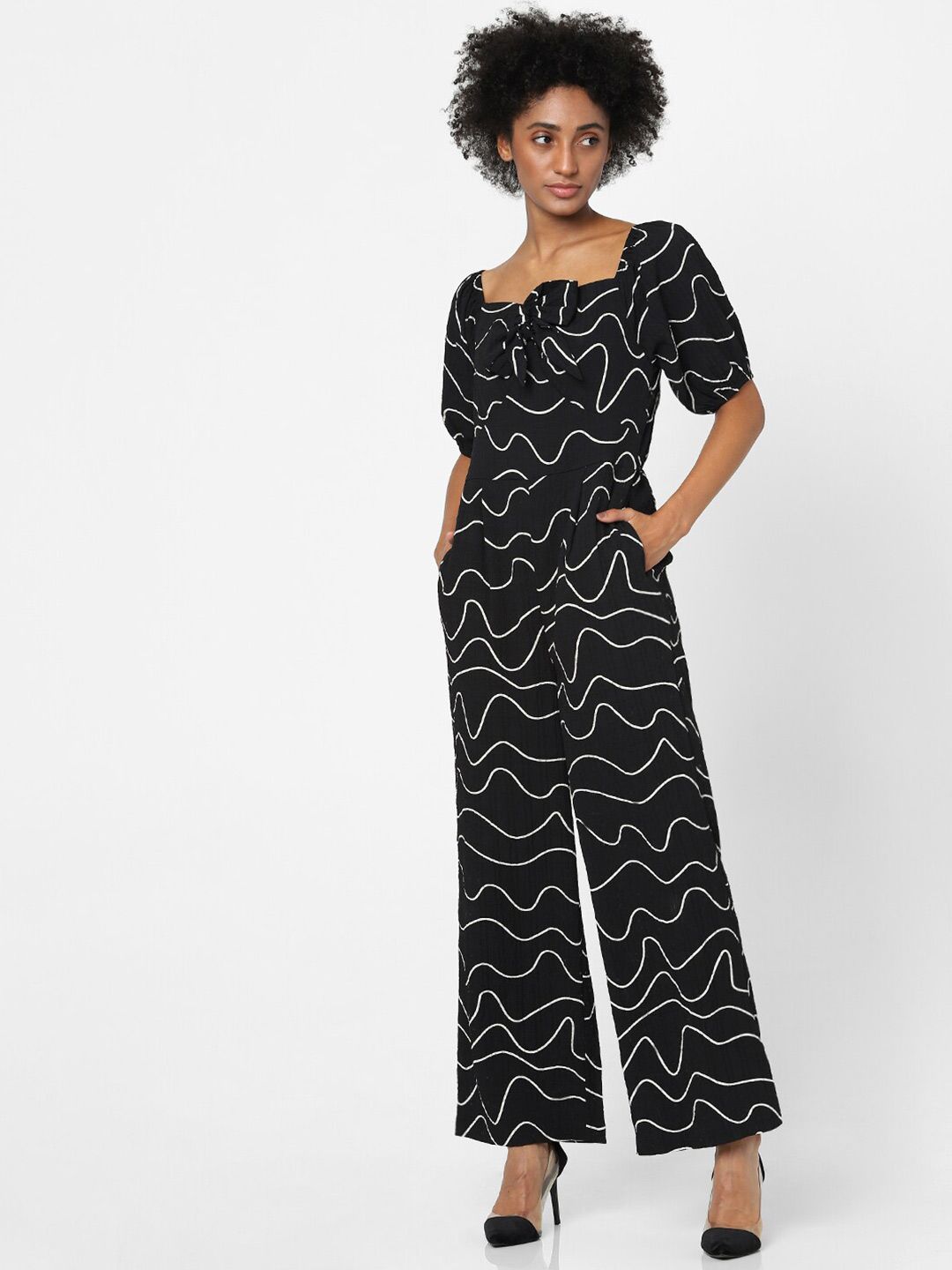 ONLY Women Black & White Printed Square Neck Basic Jumpsuit Price in India