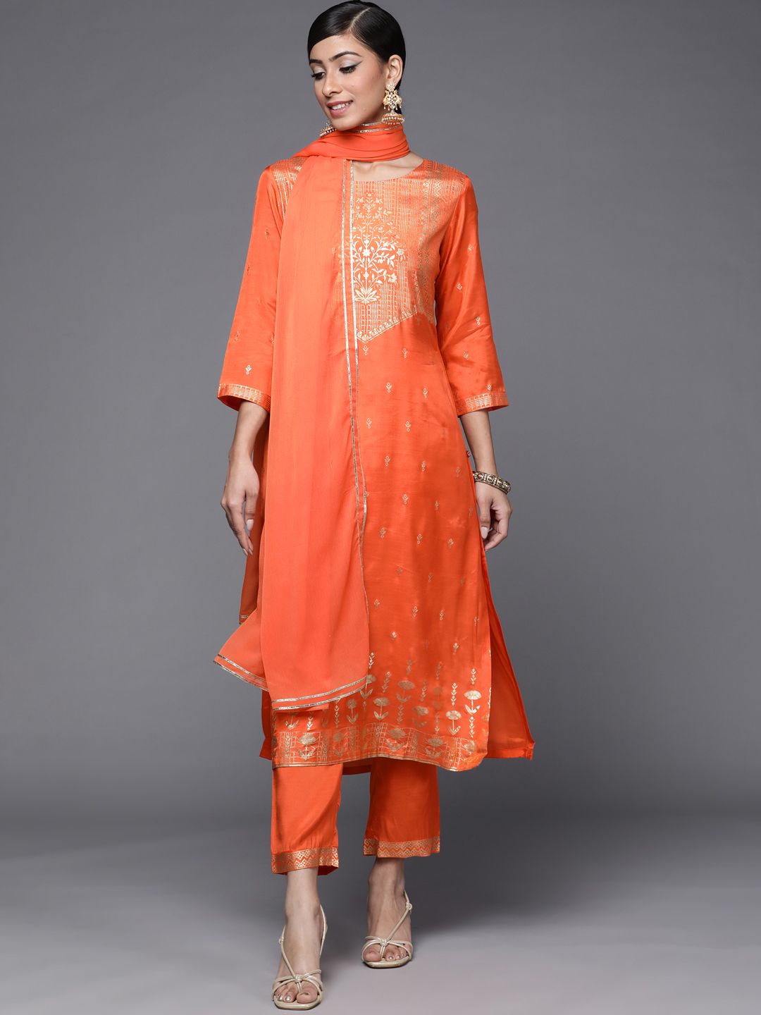 Biba Women Orange & Golden Ethnic Motifs Printed Kurta with Trousers & Dupatta Price in India