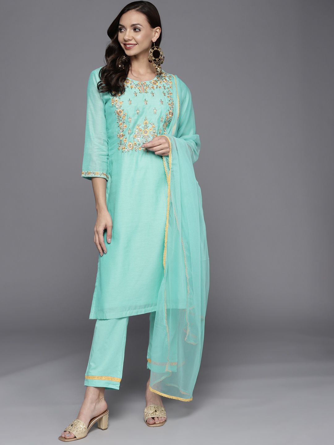 Biba Women Turquoise Blue Floral Yoke Design Sequinned Kurta with Trousers & Dupatta Price in India