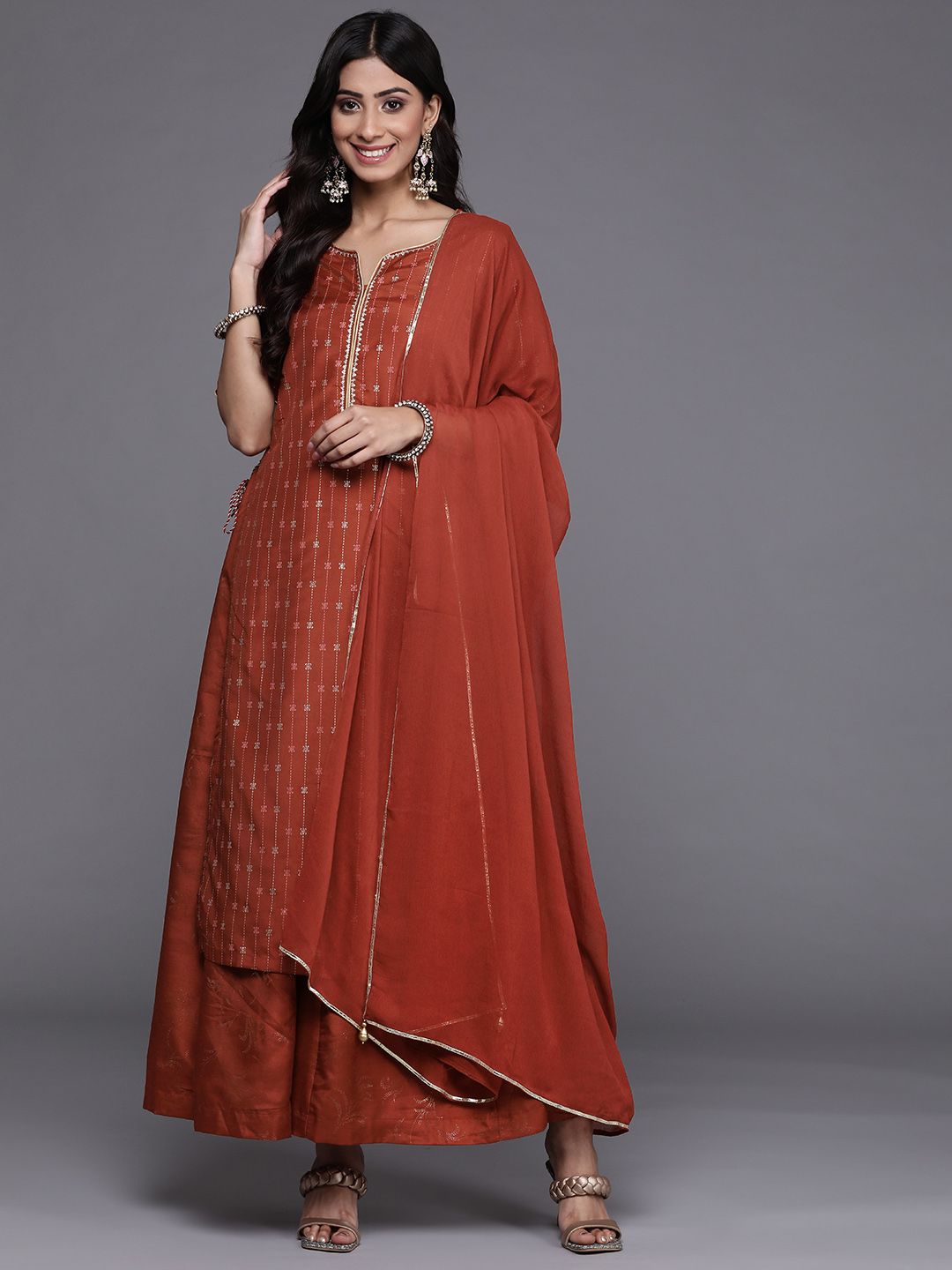 Biba Women Rust Red Ethnic Motifs Printed Kurta with Palazzos & With Dupatta Price in India