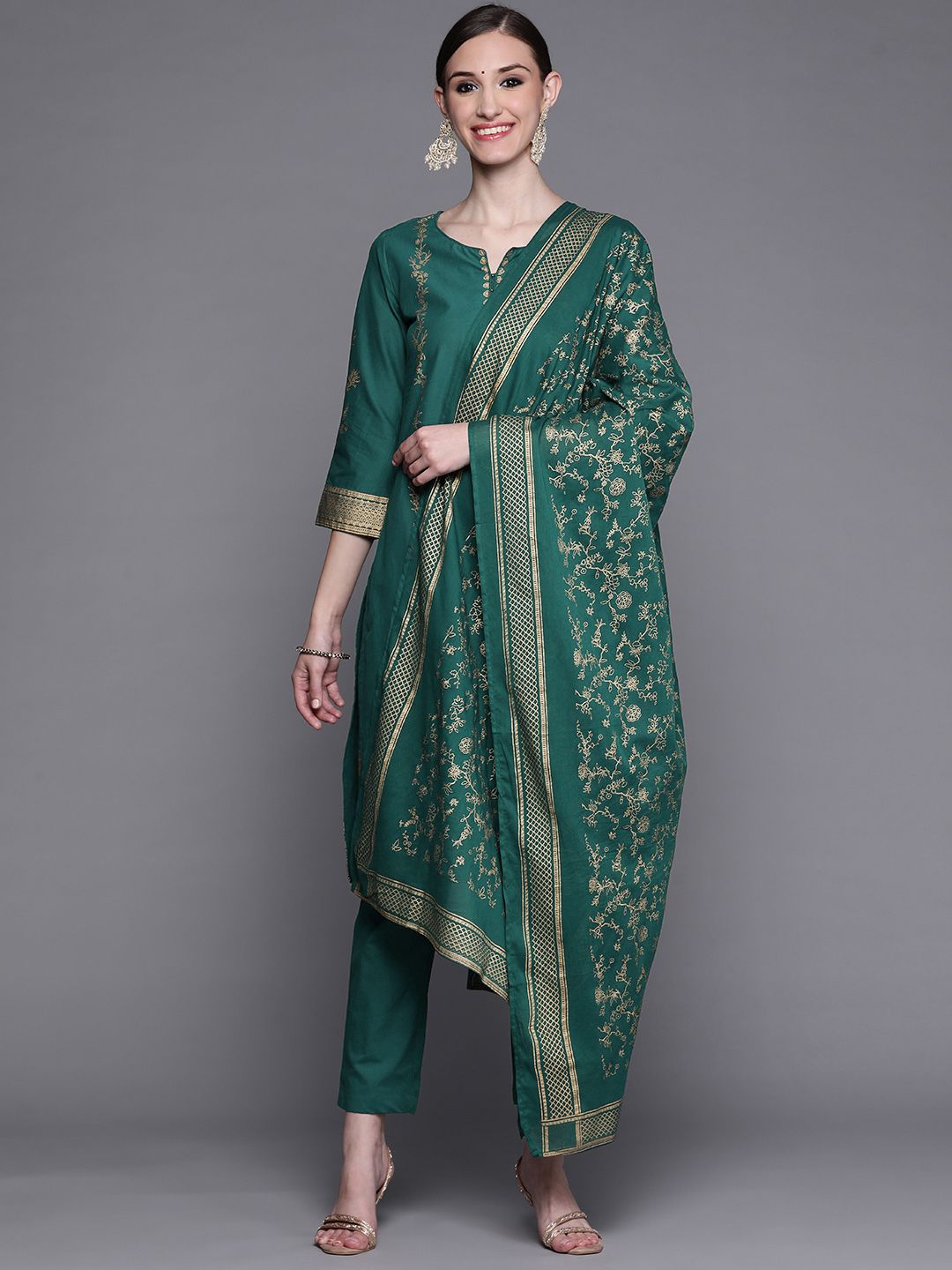 Biba Women Teal Green Ethnic Motifs Printed Pure Cotton Kurta with Trousers & With Dupatta Price in India