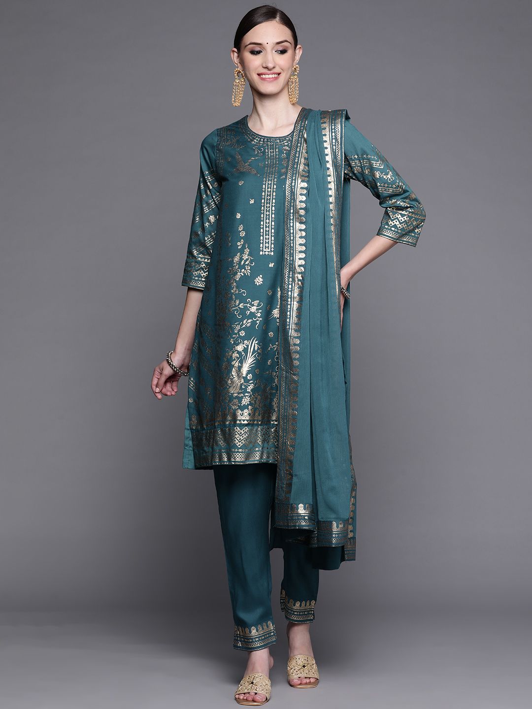 Biba Women Teal Ethnic Motifs Printed Kurta with Trousers & With Dupatta Price in India