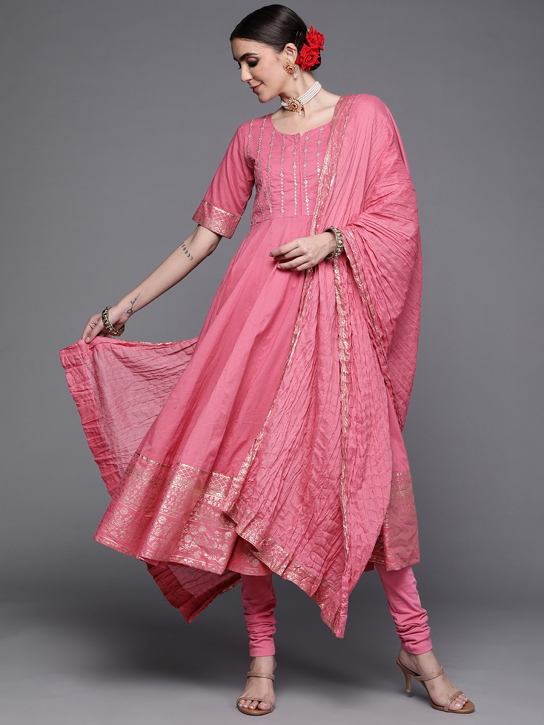 Biba Women Pink Pure Cotton Ethnic Motifs Printed Sequinned Kurta with Churidar & Dupatta Price in India