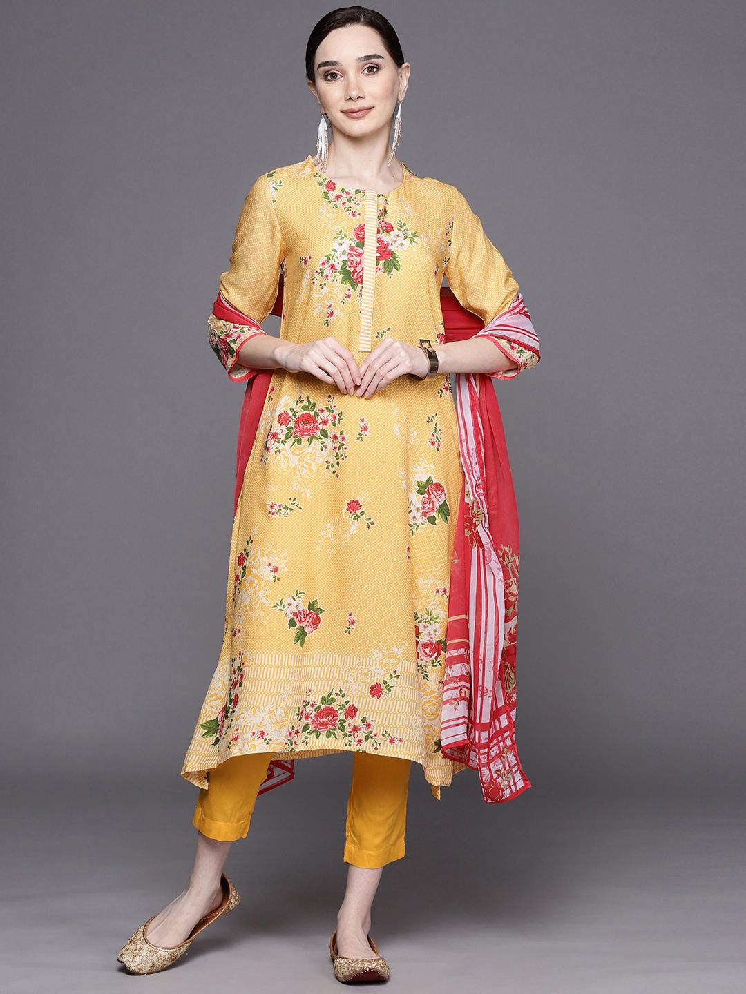 Biba Women Yellow & Pink Floral Printed Kurta with Trousers & Dupatta Price in India