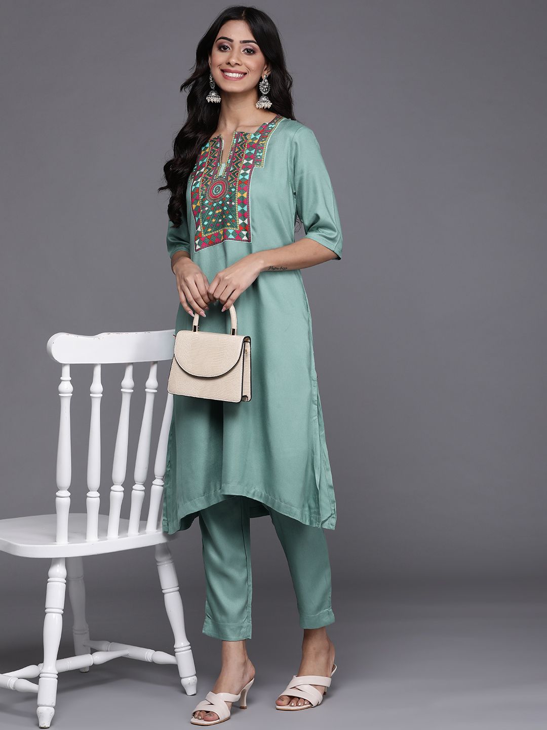 Biba Women Sage Green Ethnic Motifs Printed Kurta with Trousers Price in India