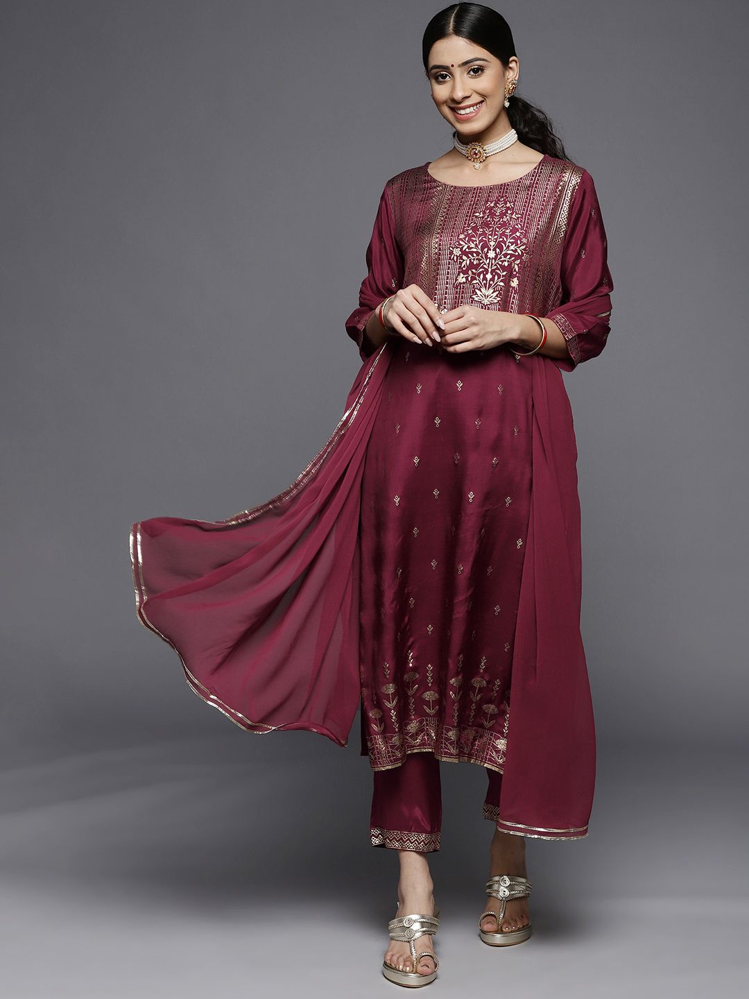 Biba Women Maroon & Golden Printed Kurta with Palazzos & Dupatta Price in India