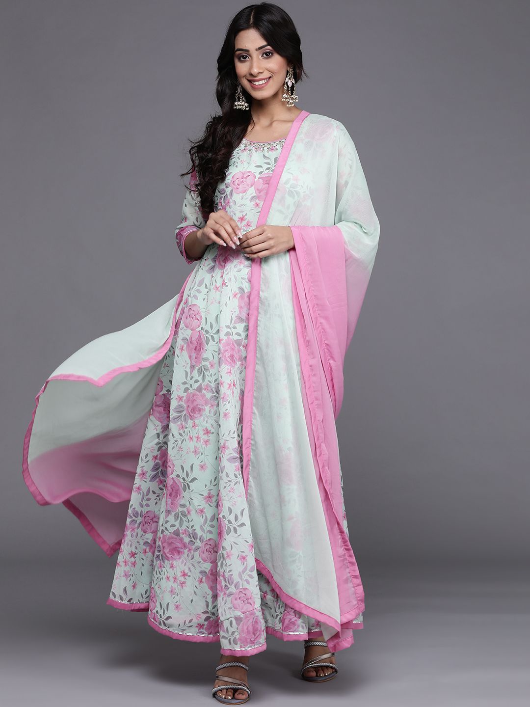 Biba Women Sea Green Floral Printed Gotta Patti Kurta with Churidar & With Dupatta Price in India