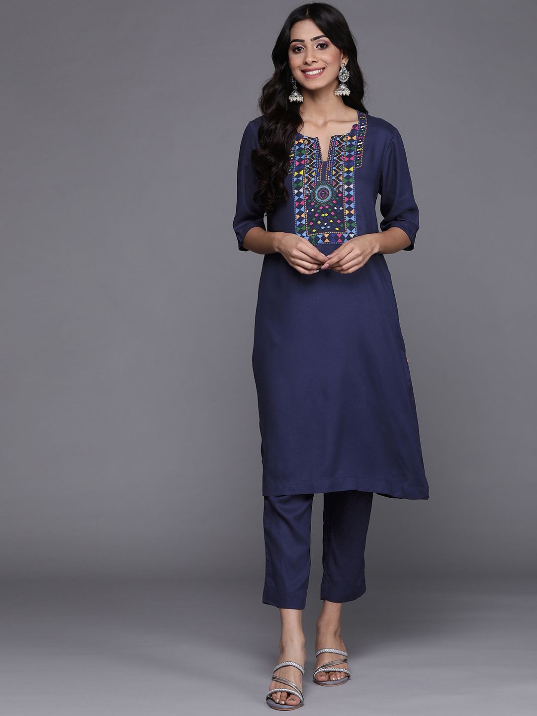 Biba Women Navy Blue Printed Kurta with Trousers Price in India