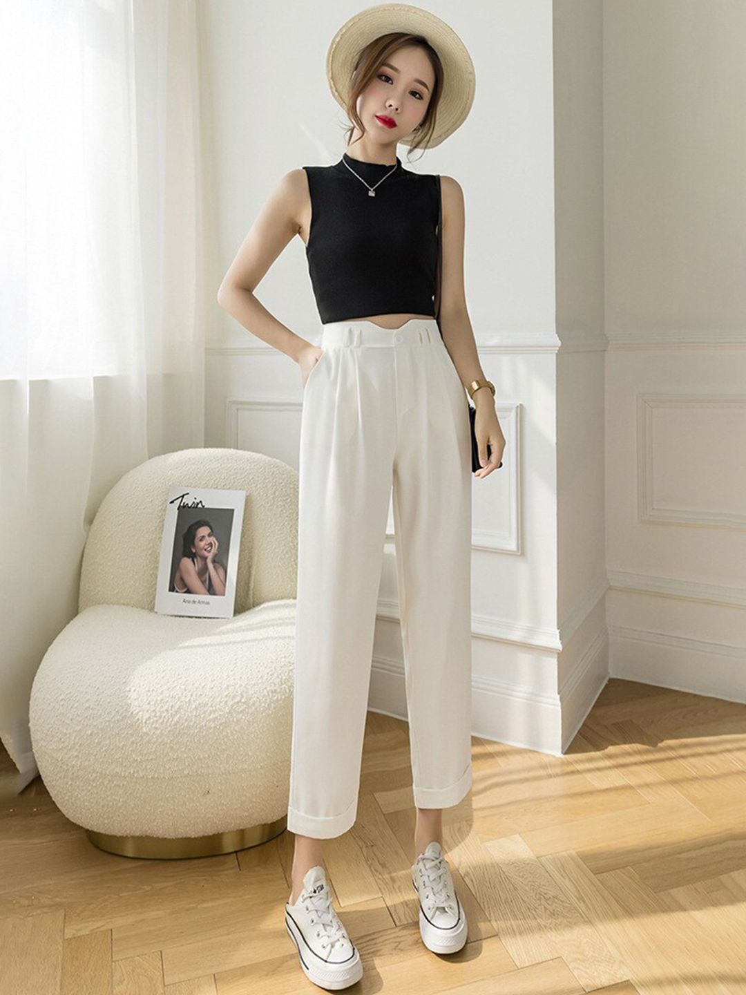 La Aimee Women White Solid High-Rise Pleated Trousers Price in India