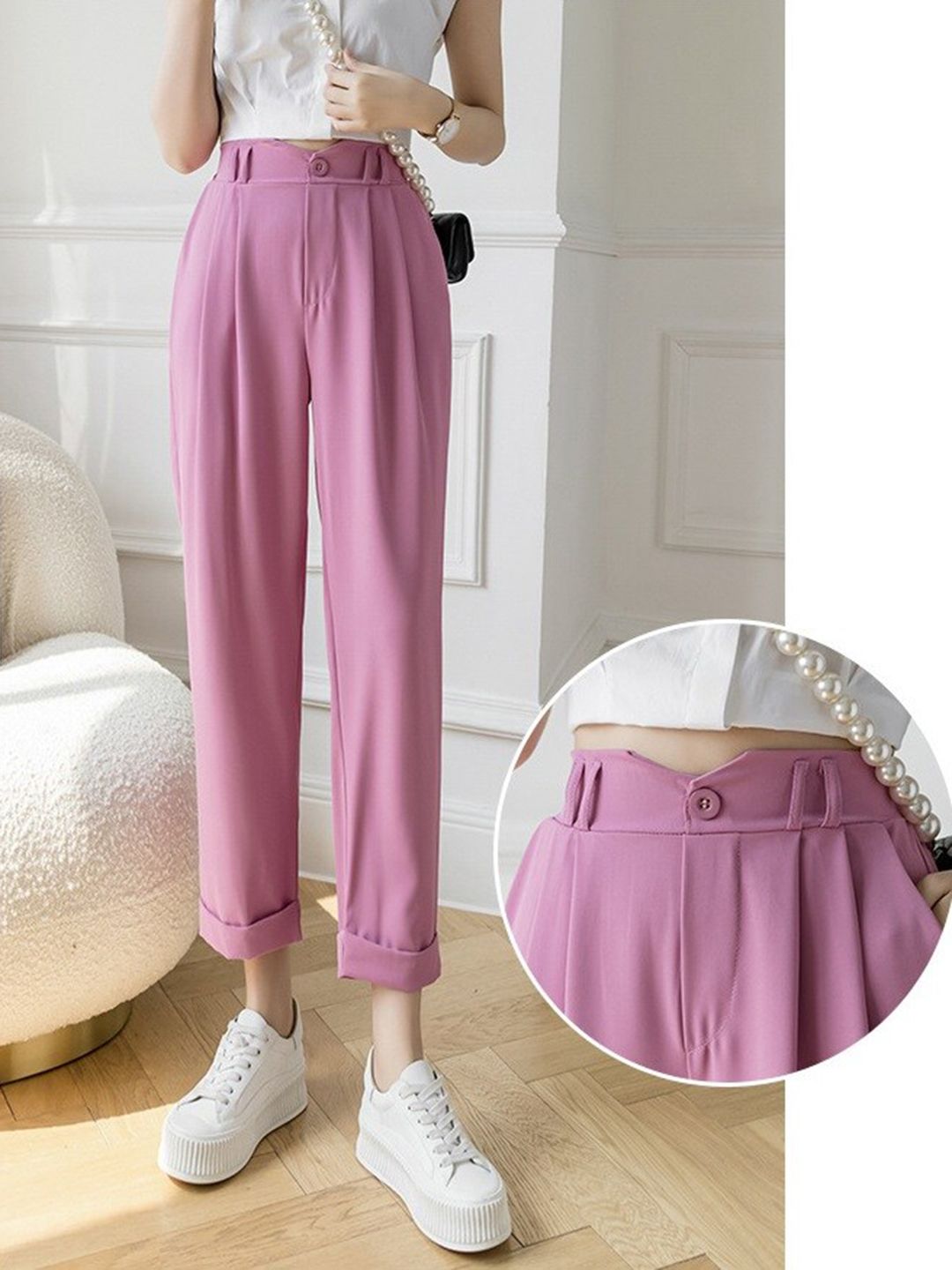 La Aimee Women Pink Regular Fit High-Rise Pleated Trousers Price in India