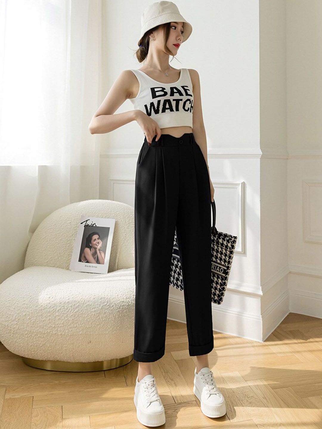 La Aimee Women Black Loose Fit High-Rise Trousers Price in India