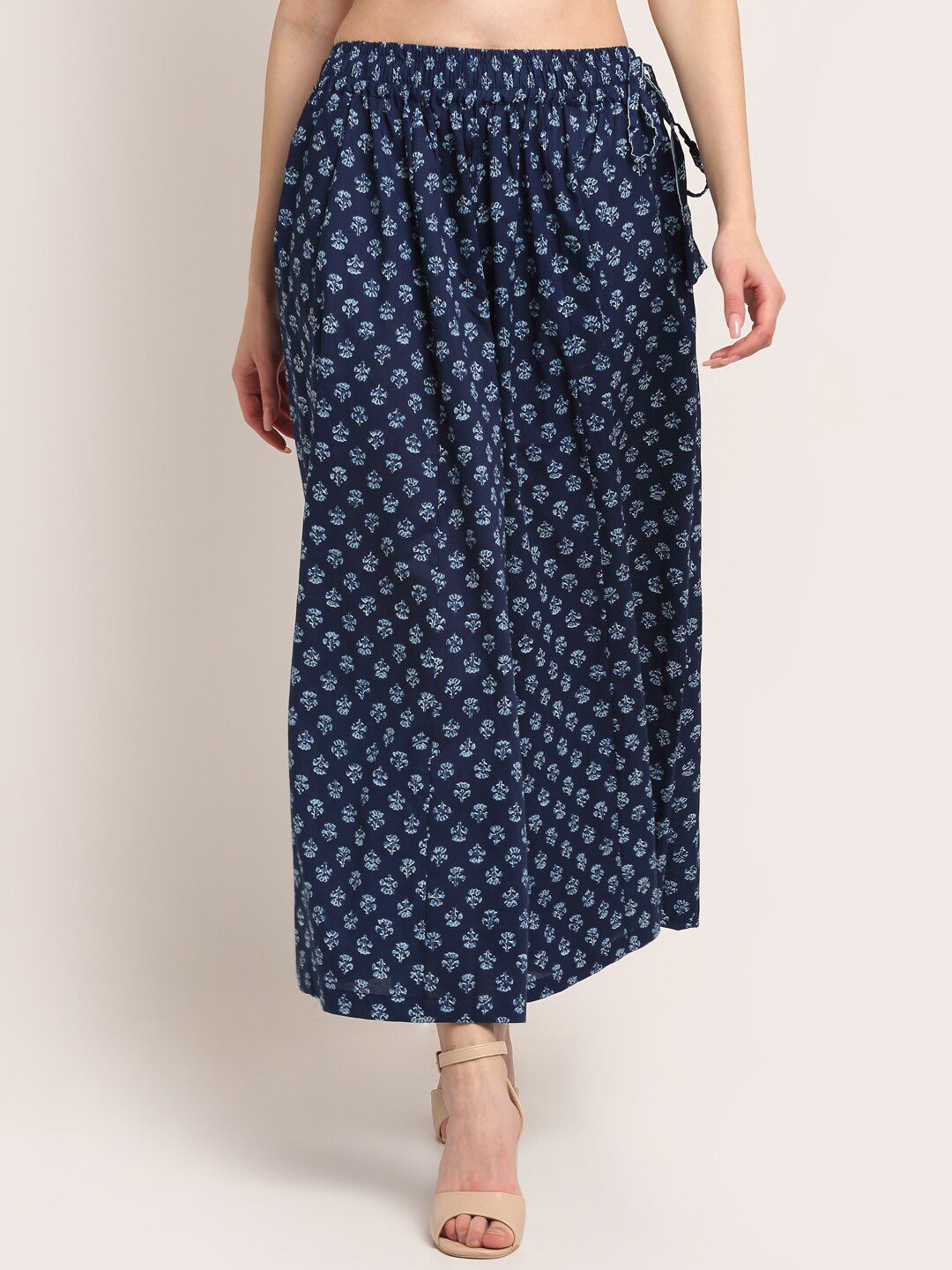 TAG 7 Women Navy Blue & White Ethnic Motifs Printed Flared Ethnic Palazzos Price in India