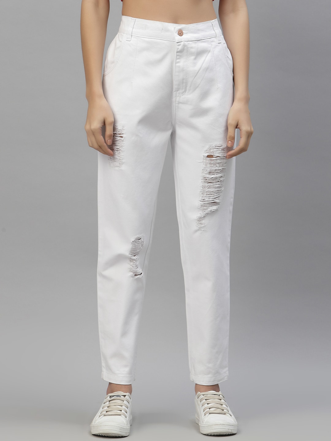 KASSUALLY Women White Slim Fit High-Rise Mildly Distressed Jeans Price in India
