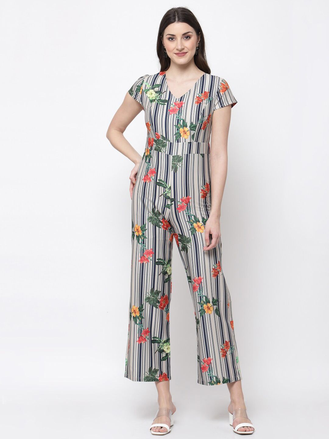 Mafadeny Women Beige & Red Printed Basic Jumpsuit Price in India