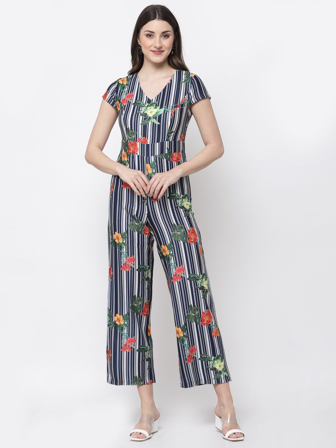 Mafadeny Navy Blue & White Striped Jumpsuit Price in India