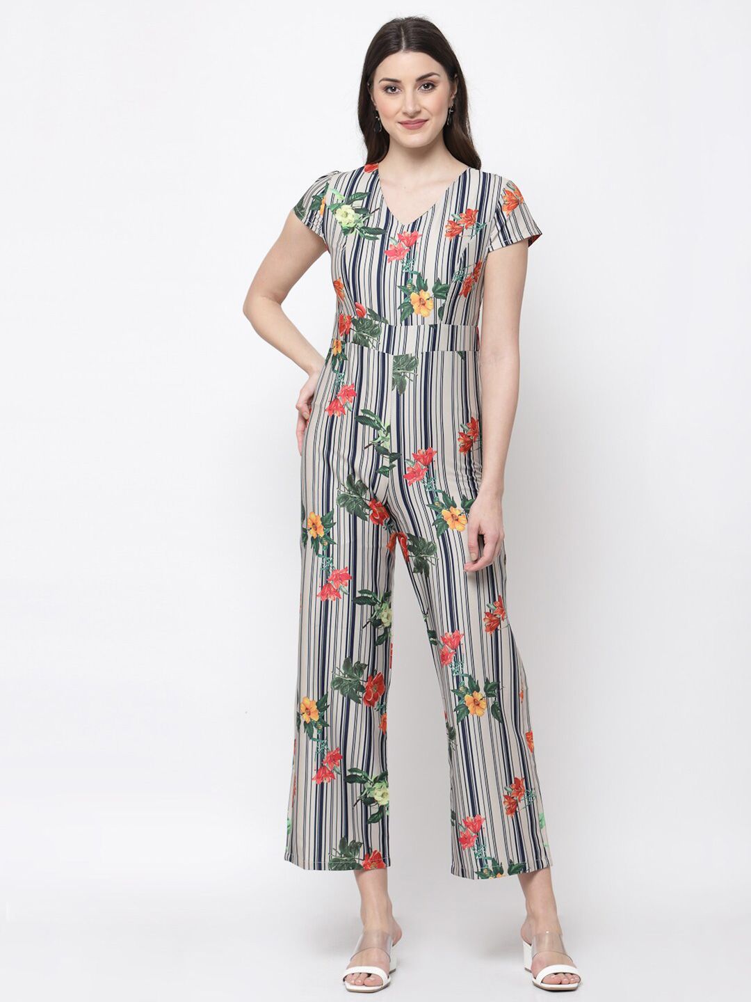 Mafadeny Beige & Navy Blue Printed Basic Jumpsuit Price in India