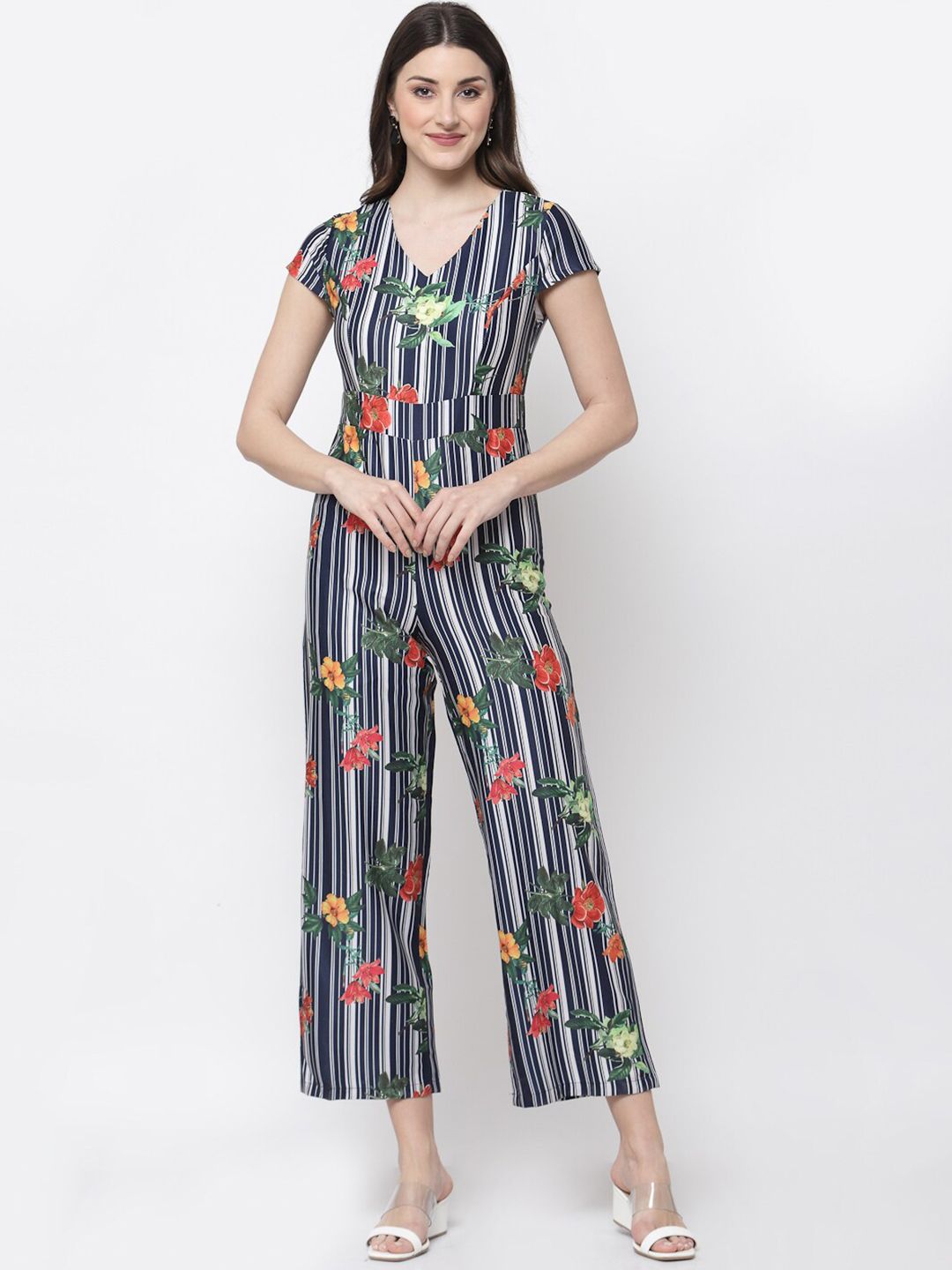 Mafadeny Navy Blue & Red Printed Basic Jumpsuit Price in India