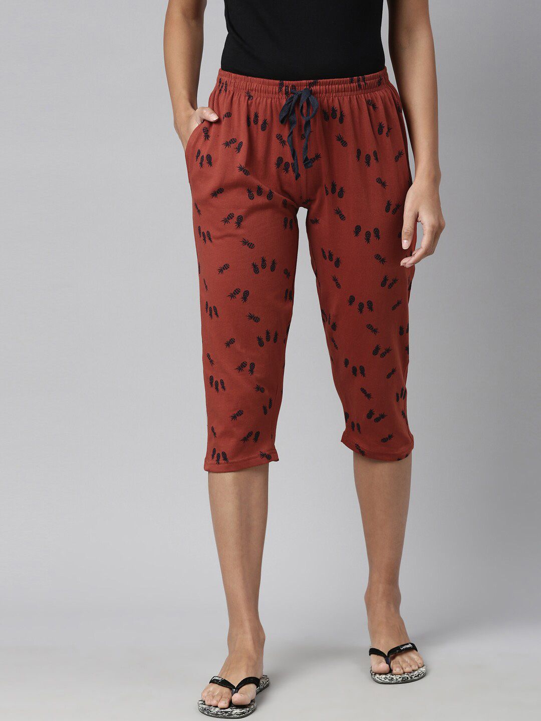 Kryptic Women Maroon & Black Printed Cotton Capris Lounge Pants Price in India