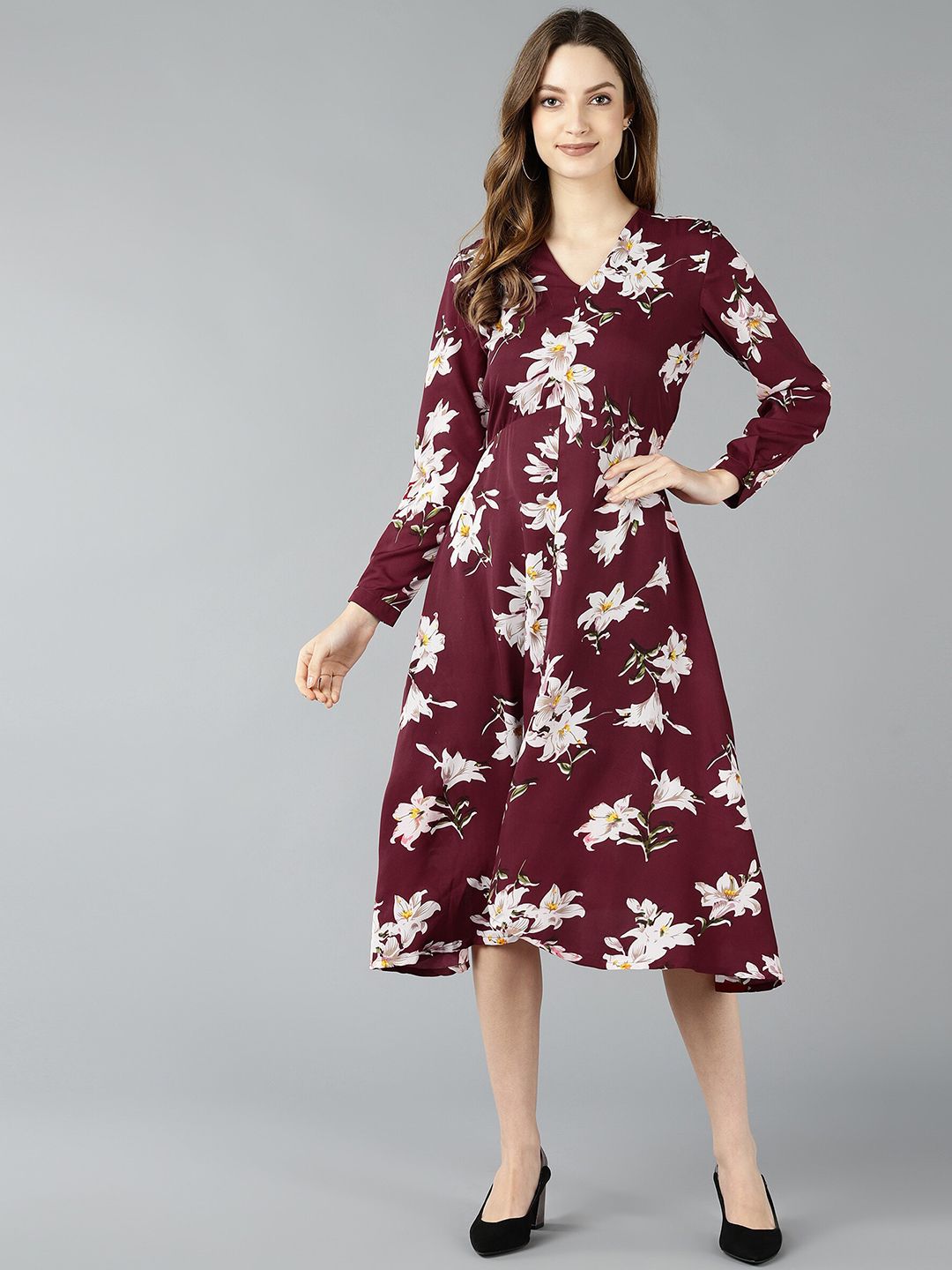 ZNX Clothing Maroon Floral Printed Crepe A-Line Midi Dress Price in India