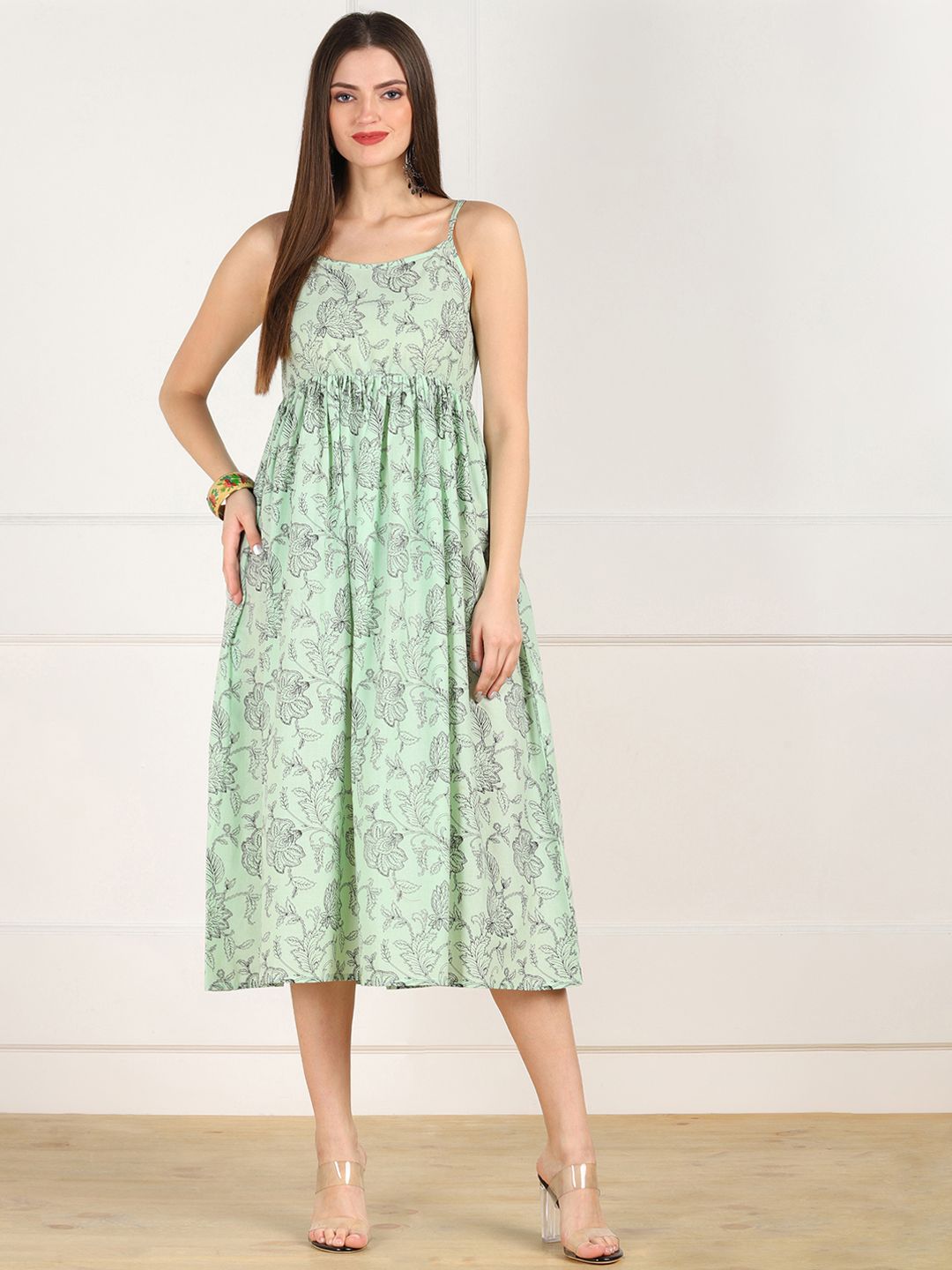 ZNX Clothing Women Green Floral A-Line Midi Dress Price in India