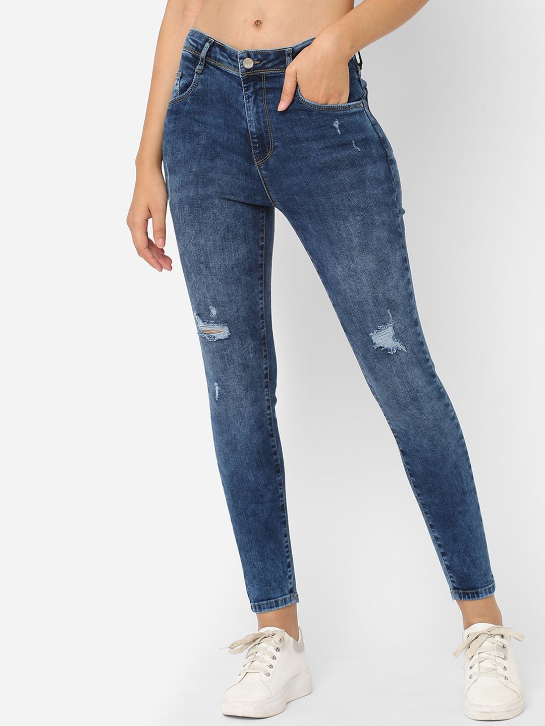 Kraus Jeans Women Blue Skinny Fit High-Rise Mildly Distressed Light Fade Jeans Price in India