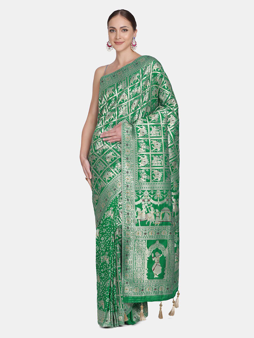 BOMBAY SELECTIONS Green & Silver-Toned Woven Design Zari Art Silk Saree Price in India